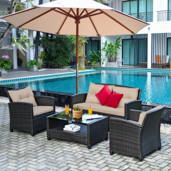 Honhorrs Four-Piece PE-Rattan Patio Set, Cushioned Loveseat and Chairs with Glass-Top Storage Table