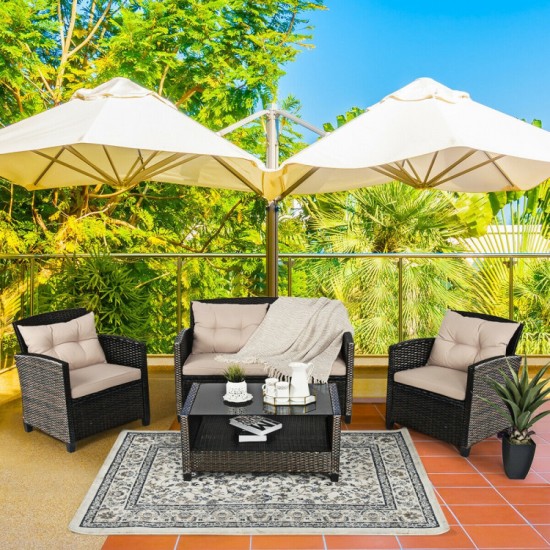 Honhorrs Four-Piece PE-Rattan Patio Set, Cushioned Loveseat and Chairs with Glass-Top Storage Table