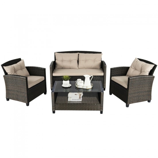 Honhorrs Four-Piece PE-Rattan Patio Set, Cushioned Loveseat and Chairs with Glass-Top Storage Table