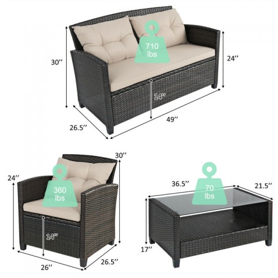 Honhorrs Four-Piece PE-Rattan Patio Set, Cushioned Loveseat and Chairs with Glass-Top Storage Table