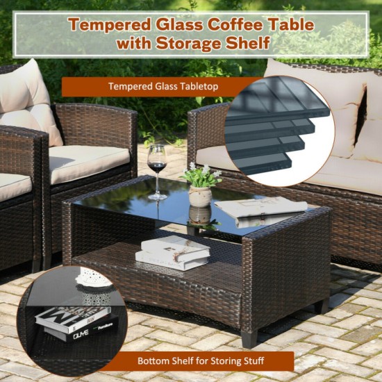 Honhorrs Four-Piece PE-Rattan Patio Set, Cushioned Loveseat and Chairs with Glass-Top Storage Table