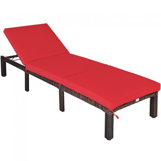 Honhorrs PE Wicker Patio Chaise Lounger, Six Recline Positions with Padded Cushion and Metal Frame