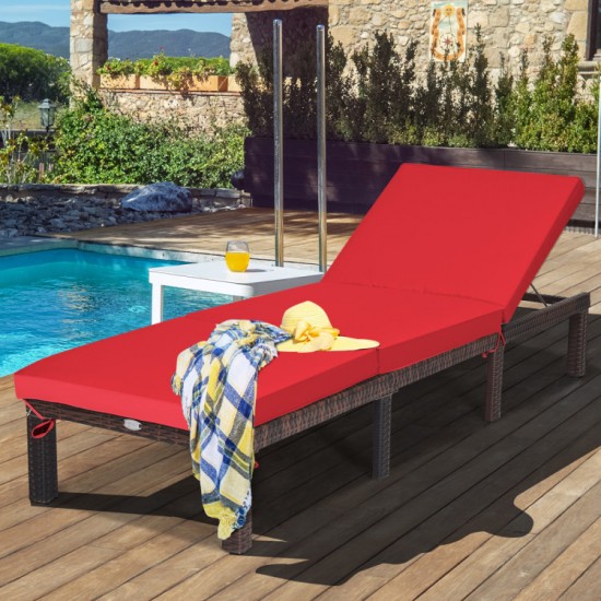 Honhorrs PE Wicker Patio Chaise Lounger, Six Recline Positions with Padded Cushion and Metal Frame