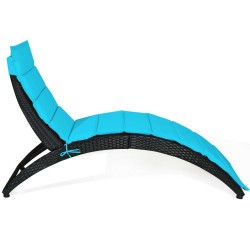 Honhorrs Folding Wicker Patio Lounge Chair, Curved Steel-Supported Seat with Tied Padded Cushion