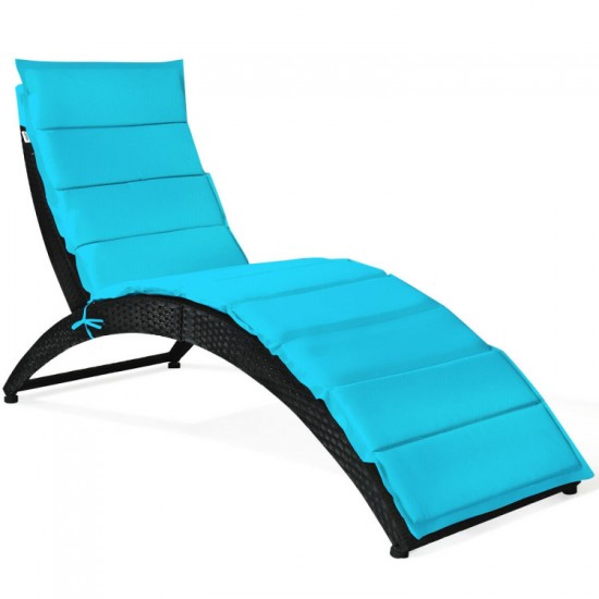 Honhorrs Folding Wicker Patio Lounge Chair, Curved Steel-Supported Seat with Tied Padded Cushion