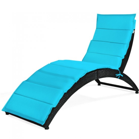 Honhorrs Folding Wicker Patio Lounge Chair, Curved Steel-Supported Seat with Tied Padded Cushion