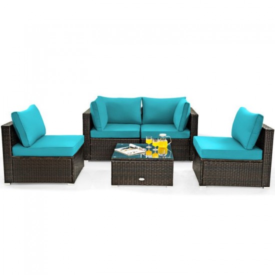 Honhorrs Five-Piece Patio Rattan Lounge Set, Cushions and Pillows with a Glass Table and Sofa Clips