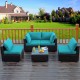 Honhorrs Five-Piece Patio Rattan Lounge Set, Cushions and Pillows with a Glass Table and Sofa Clips