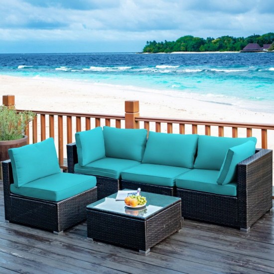 Honhorrs Five-Piece Patio Rattan Lounge Set, Cushions and Pillows with a Glass Table and Sofa Clips