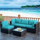 Honhorrs Five-Piece Patio Rattan Lounge Set, Cushions and Pillows with a Glass Table and Sofa Clips