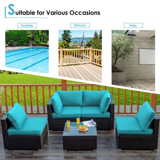 Honhorrs Five-Piece Patio Rattan Lounge Set, Cushions and Pillows with a Glass Table and Sofa Clips