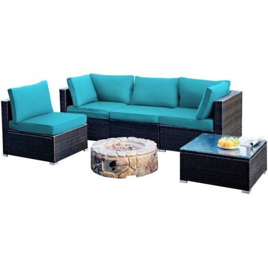Honhorrs Five-Piece Patio Rattan Lounge Set, Cushions and Pillows with a Glass Table and Sofa Clips
