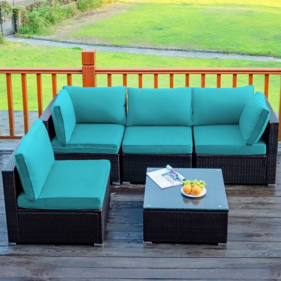 Honhorrs Five-Piece Patio Rattan Lounge Set, Cushions and Pillows with a Glass Table and Sofa Clips