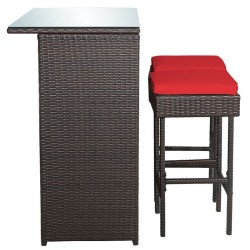 XVX Three-Piece Wicker Patio Bar Set, Two Padded Stools and Glass-Top Table with Storage Shelf