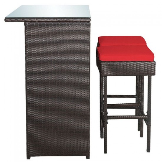 Honhorrs Three-Piece Wicker Patio Bar Set, Two Padded Stools and Glass-Top Table with Storage Shelf