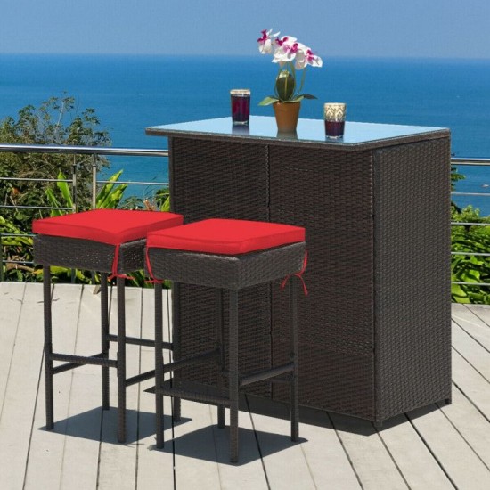 Honhorrs Three-Piece Wicker Patio Bar Set, Two Padded Stools and Glass-Top Table with Storage Shelf