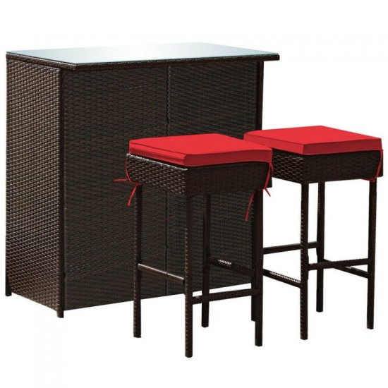 Honhorrs Three-Piece Wicker Patio Bar Set, Two Padded Stools and Glass-Top Table with Storage Shelf