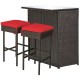 Honhorrs Three-Piece Wicker Patio Bar Set, Two Padded Stools and Glass-Top Table with Storage Shelf
