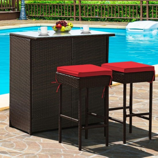 Honhorrs Three-Piece Wicker Patio Bar Set, Two Padded Stools and Glass-Top Table with Storage Shelf