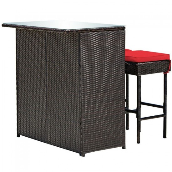 Honhorrs Three-Piece Wicker Patio Bar Set, Two Padded Stools and Glass-Top Table with Storage Shelf