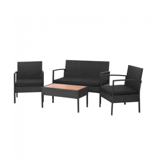 Owlyin Four-Piece Wicker Patio Set, Acacia-Top Table and Cushioned Loveseat with Two Matching Chairs