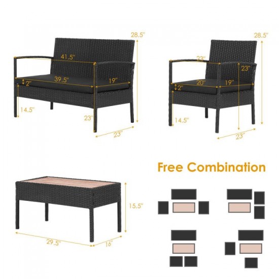 Owlyin Four-Piece Wicker Patio Set, Acacia-Top Table and Cushioned Loveseat with Two Matching Chairs
