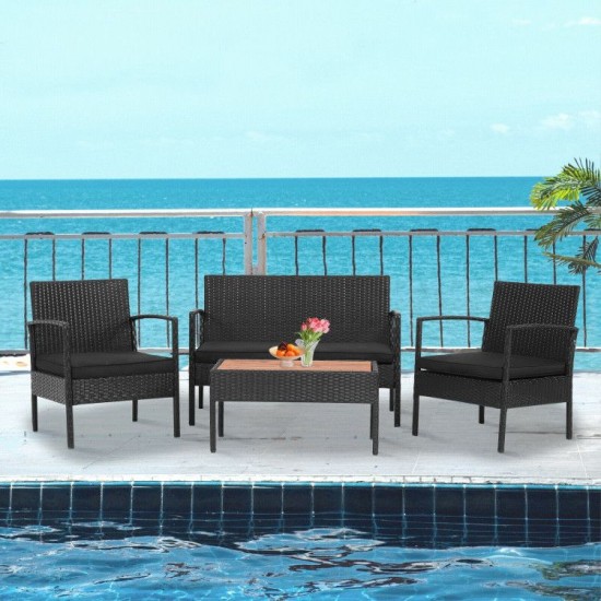 Owlyin Four-Piece Wicker Patio Set, Acacia-Top Table and Cushioned Loveseat with Two Matching Chairs