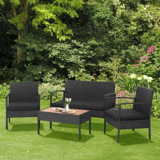 Owlyin Four-Piece Wicker Patio Set, Acacia-Top Table and Cushioned Loveseat with Two Matching Chairs