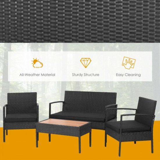 Owlyin Four-Piece Wicker Patio Set, Acacia-Top Table and Cushioned Loveseat with Two Matching Chairs