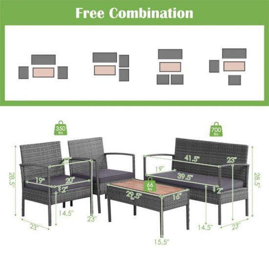 Honhorrs Four-Piece Rattan Patio Set, Loveseat and Two Cushioned Chairs with Acacia Coffee Table