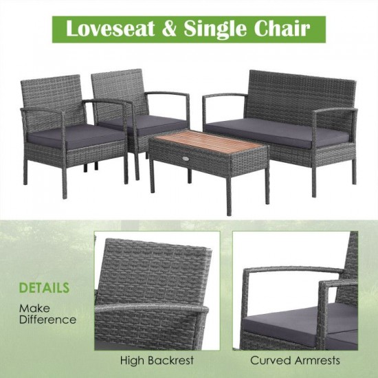 Honhorrs Four-Piece Rattan Patio Set, Loveseat and Two Cushioned Chairs with Acacia Coffee Table