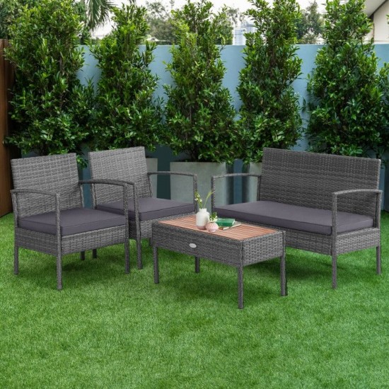 Honhorrs Four-Piece Rattan Patio Set, Loveseat and Two Cushioned Chairs with Acacia Coffee Table