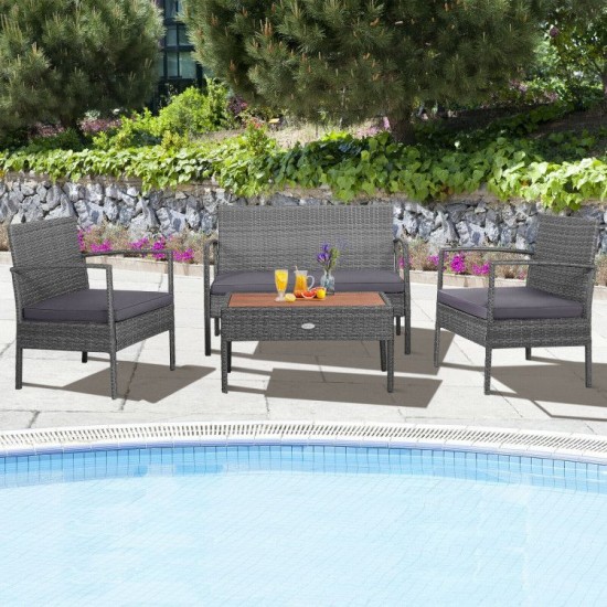 Honhorrs Four-Piece Rattan Patio Set, Loveseat and Two Cushioned Chairs with Acacia Coffee Table