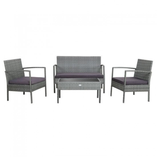 Honhorrs 4-Piece Rattan Patio Conversation Set with Cushions, Loveseat and Glass-Top Coffee Table