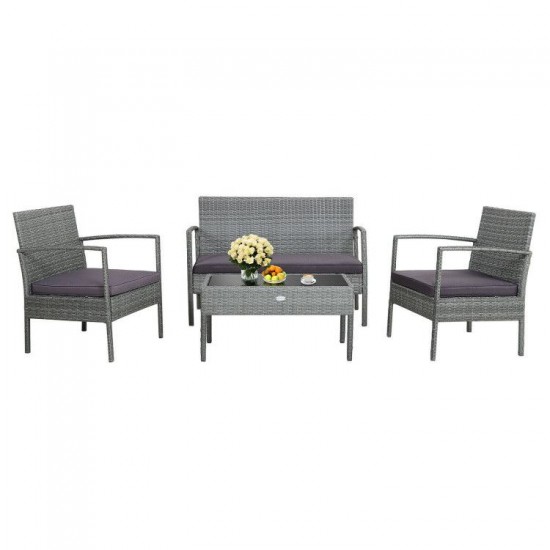 Honhorrs 4-Piece Rattan Patio Conversation Set with Cushions, Loveseat and Glass-Top Coffee Table