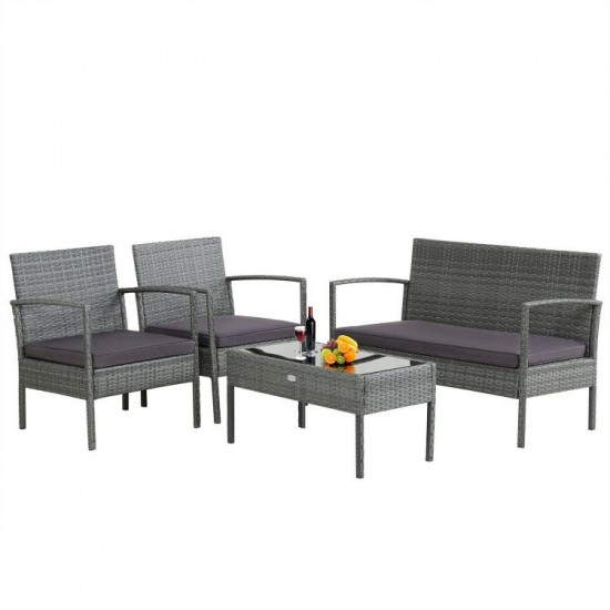 Honhorrs 4-Piece Rattan Patio Conversation Set with Cushions, Loveseat and Glass-Top Coffee Table