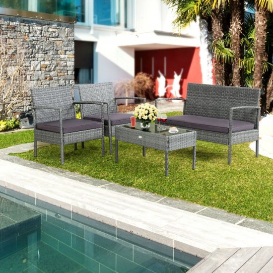 Honhorrs 4-Piece Rattan Patio Conversation Set with Cushions, Loveseat and Glass-Top Coffee Table