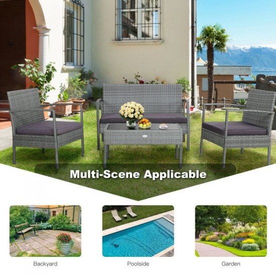 Honhorrs 4-Piece Rattan Patio Conversation Set with Cushions, Loveseat and Glass-Top Coffee Table
