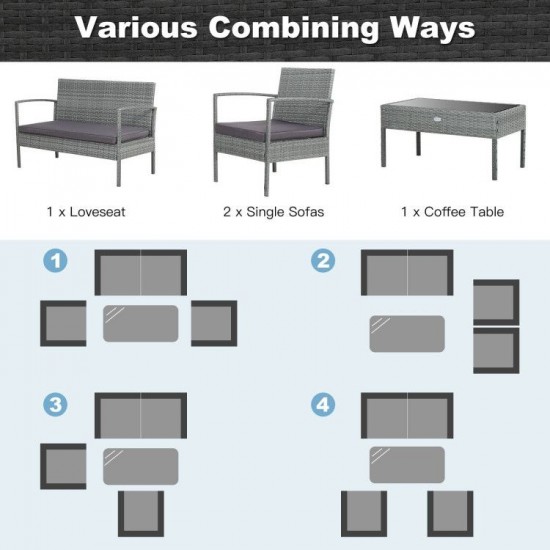 Honhorrs 4-Piece Rattan Patio Conversation Set with Cushions, Loveseat and Glass-Top Coffee Table