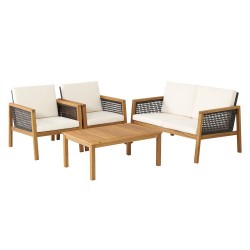 Honhorrs 4-Piece Acacia Wood and PE Rattan Patio Set with Coffee Table and Removable Cushion Covers