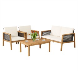 Honhorrs 4-Piece Acacia Wood and PE Rattan Patio Set with Coffee Table and Removable Cushion Covers