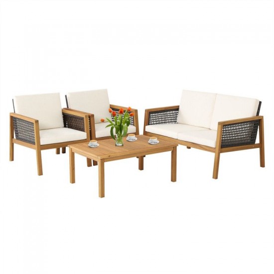 Honhorrs 4-Piece Acacia Wood and PE Rattan Patio Set with Coffee Table and Removable Cushion Covers