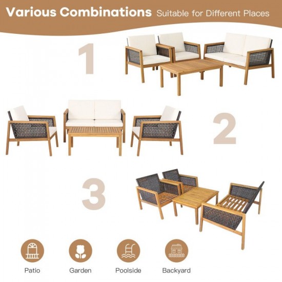 Honhorrs 4-Piece Acacia Wood and PE Rattan Patio Set with Coffee Table and Removable Cushion Covers
