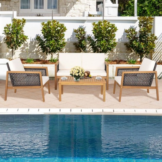 Honhorrs 4-Piece Acacia Wood and PE Rattan Patio Set with Coffee Table and Removable Cushion Covers