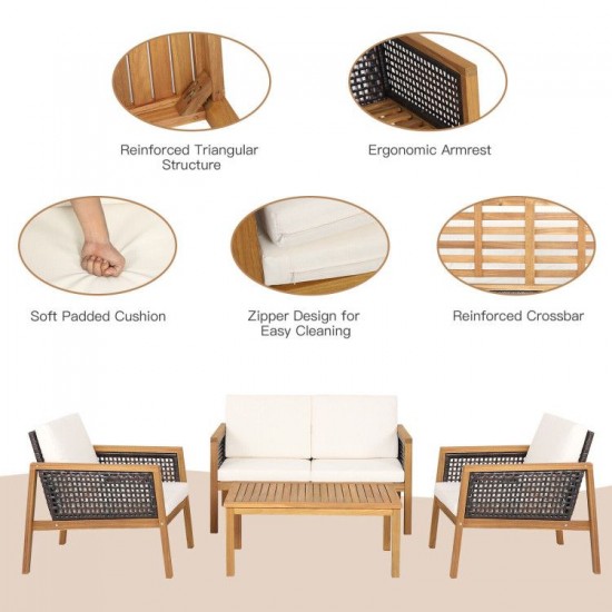 Honhorrs 4-Piece Acacia Wood and PE Rattan Patio Set with Coffee Table and Removable Cushion Covers