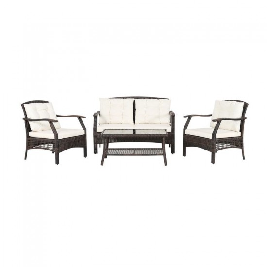 Honhorrs 4-Piece Brown PE Rattan Patio Seating Set with Cushions, Coffee Table and Protective Cover