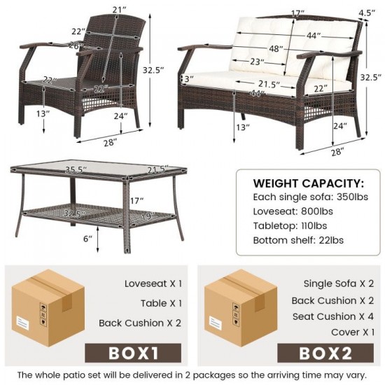 Honhorrs 4-Piece Brown PE Rattan Patio Seating Set with Cushions, Coffee Table and Protective Cover