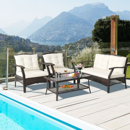 Honhorrs 4-Piece Brown PE Rattan Patio Seating Set with Cushions, Coffee Table and Protective Cover