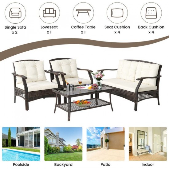 Honhorrs 4-Piece Brown PE Rattan Patio Seating Set with Cushions, Coffee Table and Protective Cover