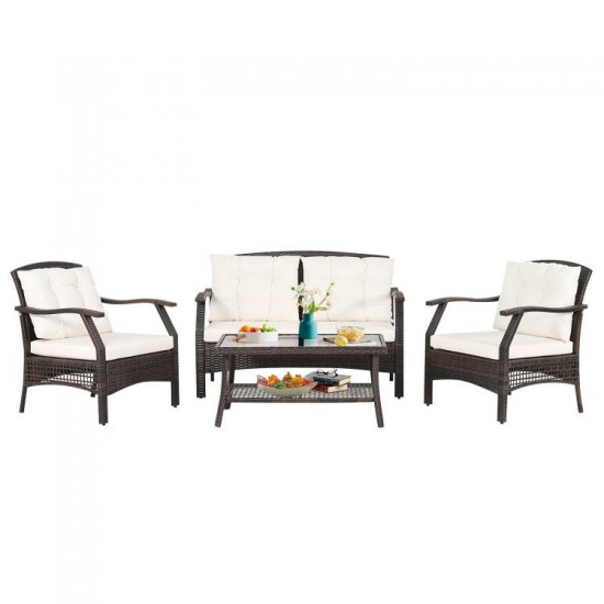 Honhorrs 4-Piece Brown PE Rattan Patio Seating Set with Cushions, Coffee Table and Protective Cover